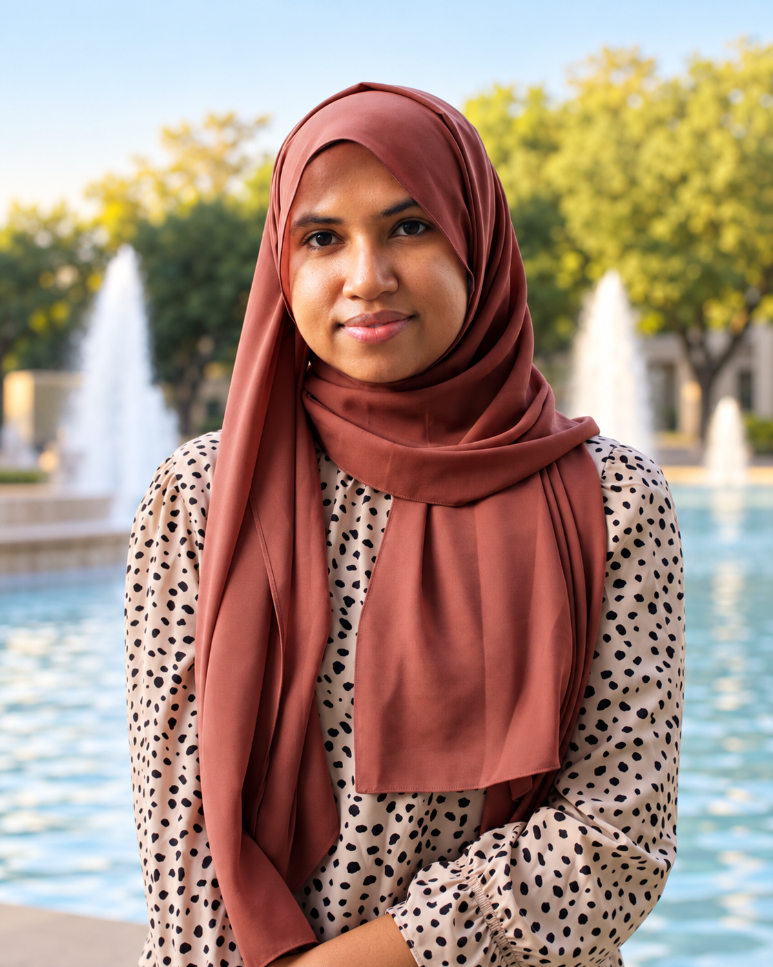 Portrait of Nabila Rahman Biju beside an outdoor fountain.